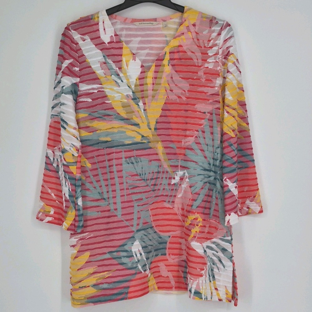 Soft Surroundings Tropical‎ Floral Burnout Tunic Pink Orange V-Neck 3/4 Slv Sz L